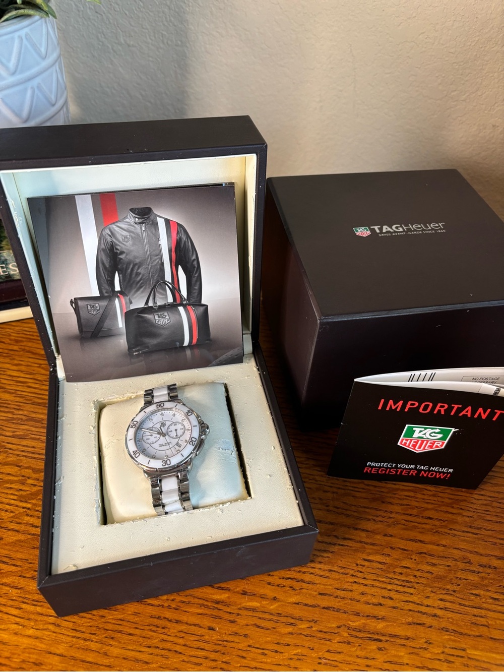 Women’s Tag Heuer Silver and White Chronograph Watch in Presentation Box